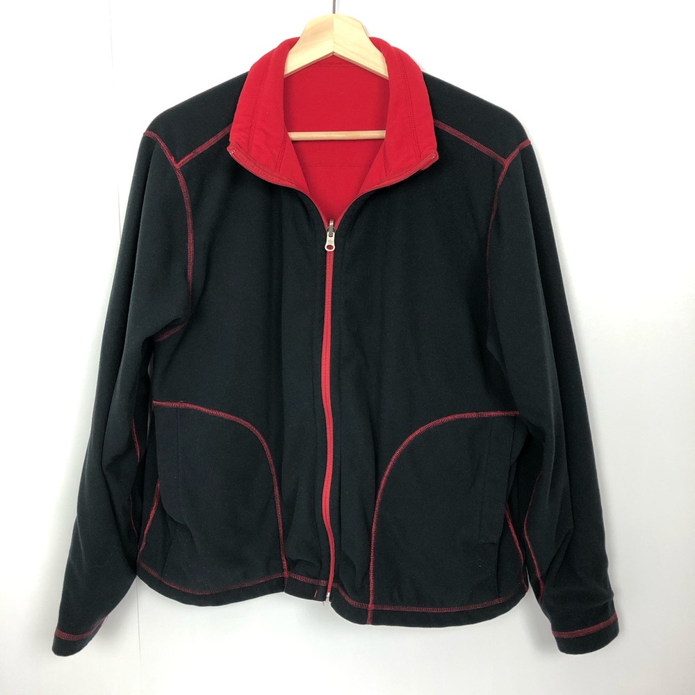 LL BEAN Zip Up Fleece Reversible Black Red Large